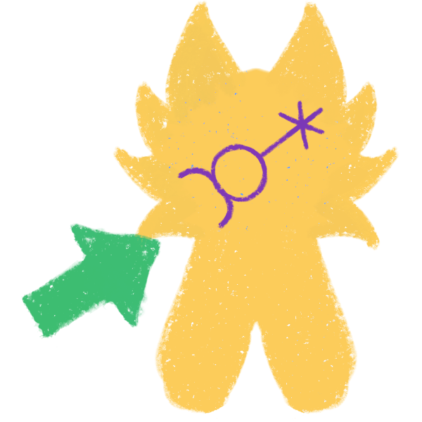 A simplified illustration features a golden, rounded figure with large pointed ears resembling a stylized animal or plush toy. A purple, astronomical symbol associated with non-binary identity is drawn on the face. A green arrow points towards the figure, highlighting its significance. The illustration has a rough, textured appearance.